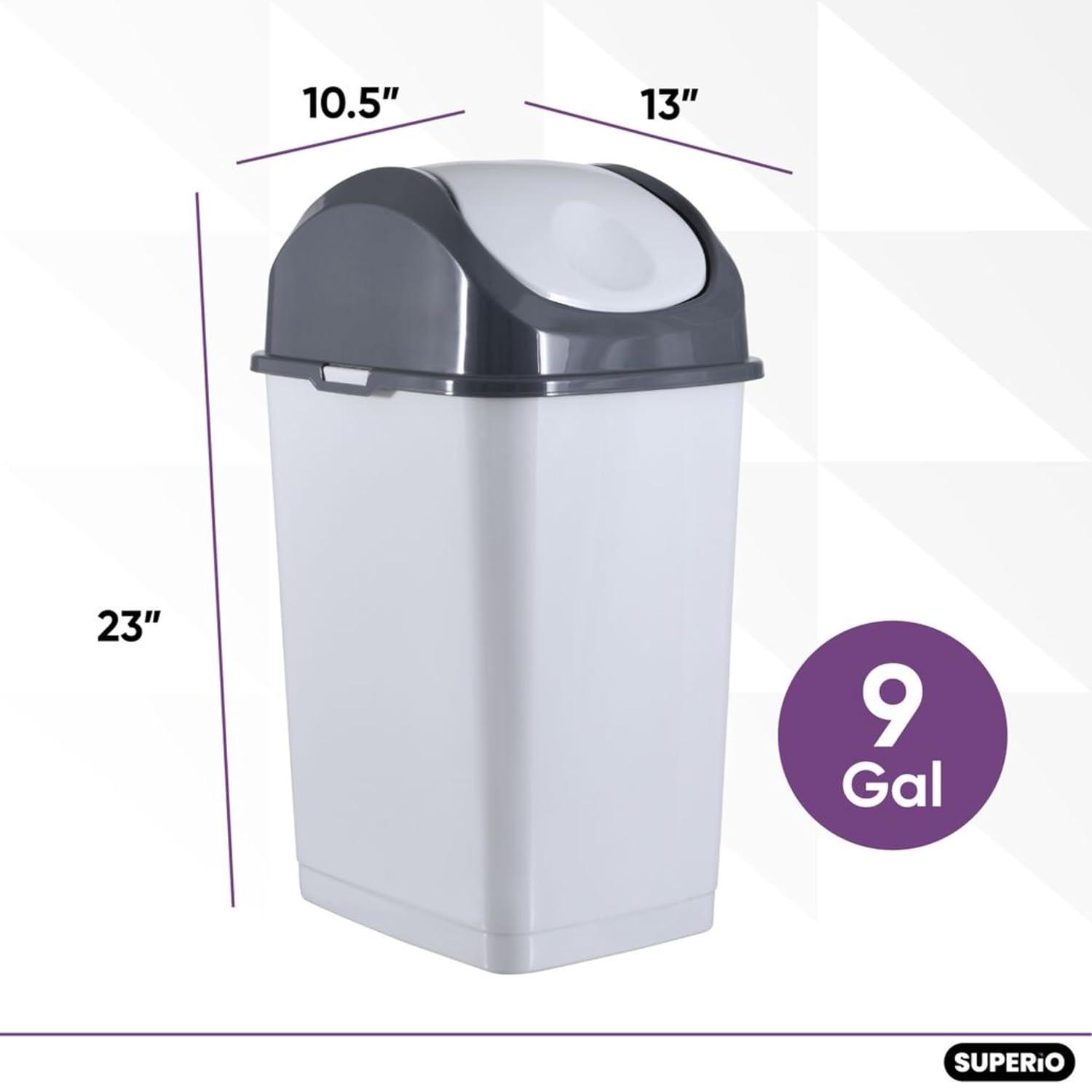 Superio Kitchen Trash Can with Swing Top Lid 9 Gallon Slim Waste Bin 37 Qt Durable Plastic, Fit Small Spaces, Office, Bathroom, Under Counter (White Smoke-1 Pack)