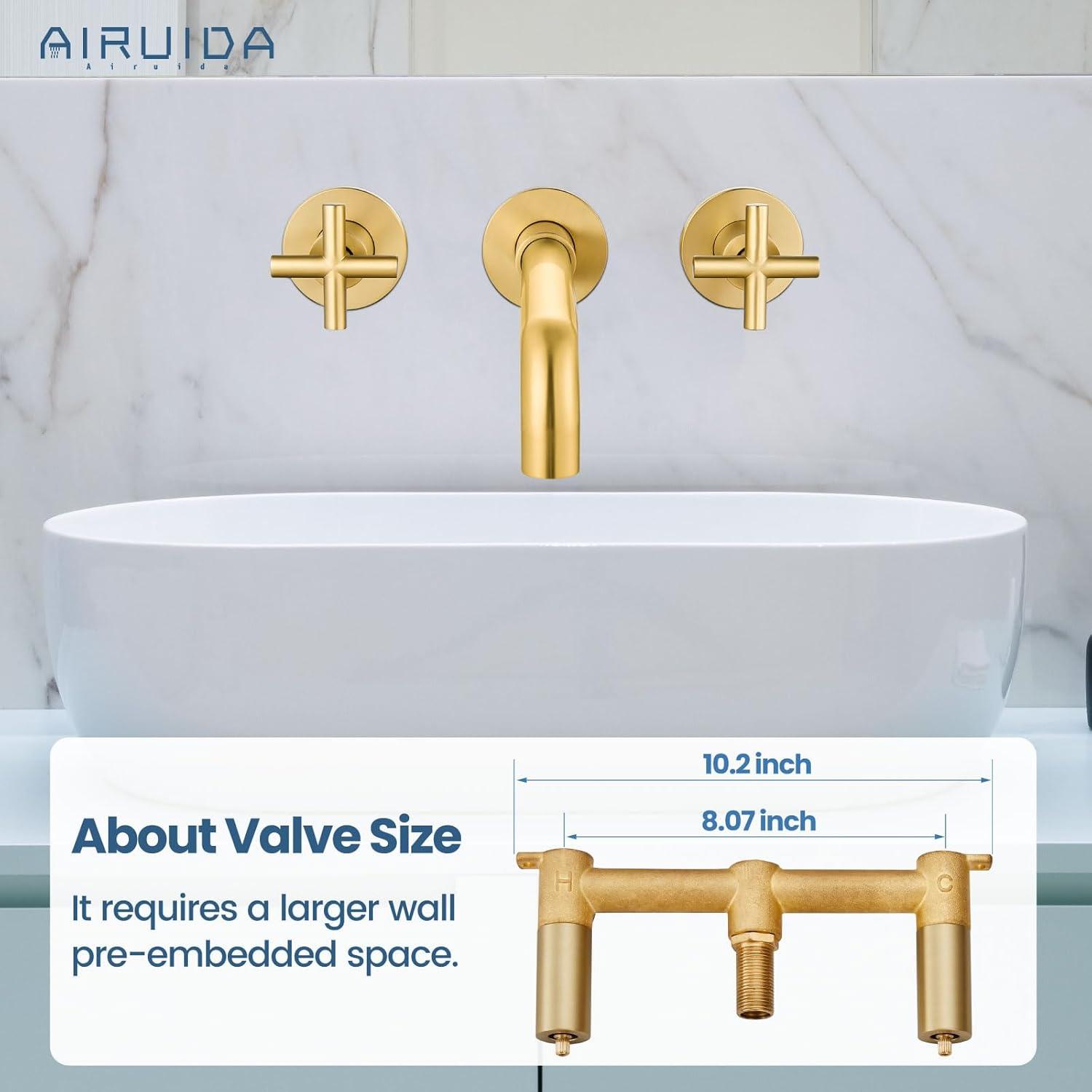 Brushed Gold Wall Mounted Bathroom Faucet with Dual Cross Handles