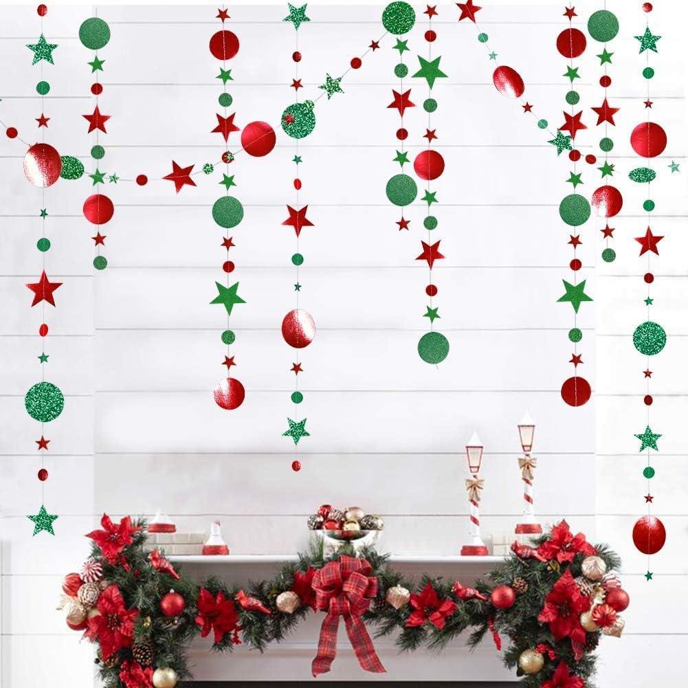 Festive Red and Green Glitter Star Circle Garland Banner, 4 Meters