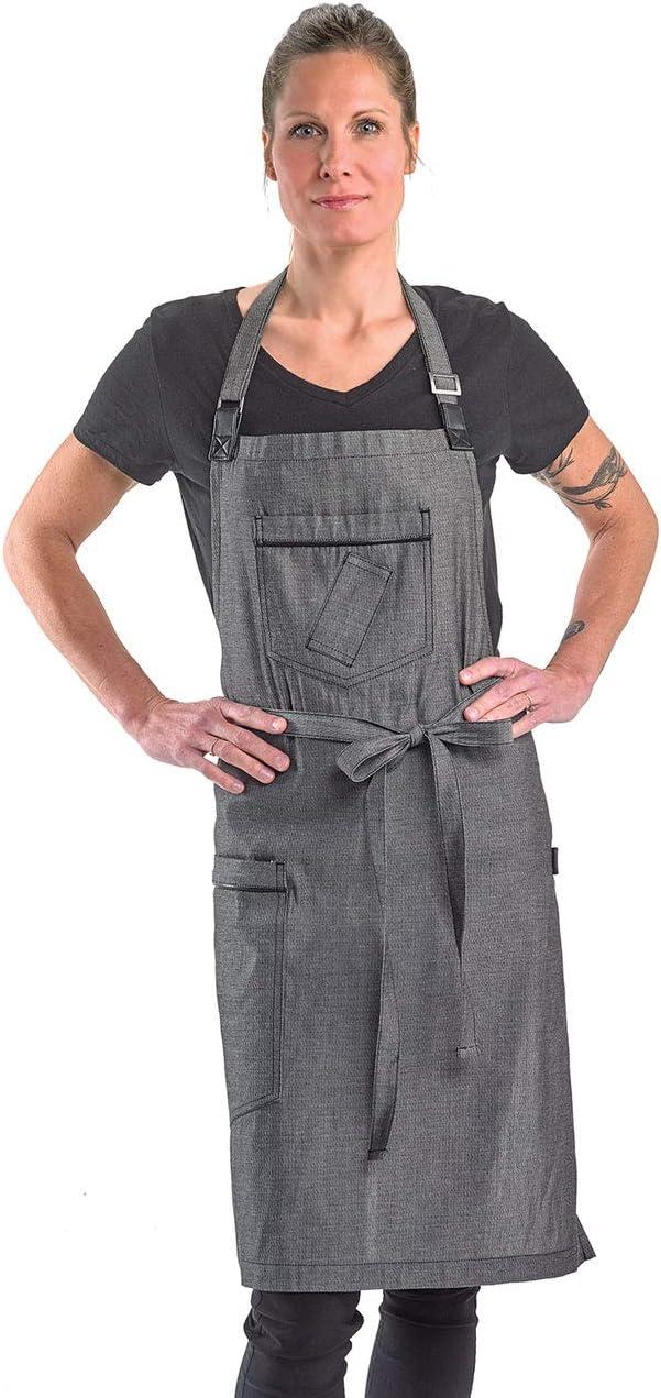 Mercer Culinary Metro Edge Renegade Bib Server Apron, Black Denim with Brown Leather Straps