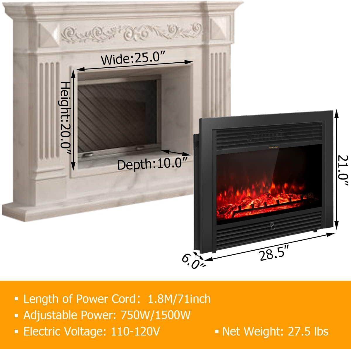 28.5" Black Wall Mounted Electric Fireplace with Adjustable Flames