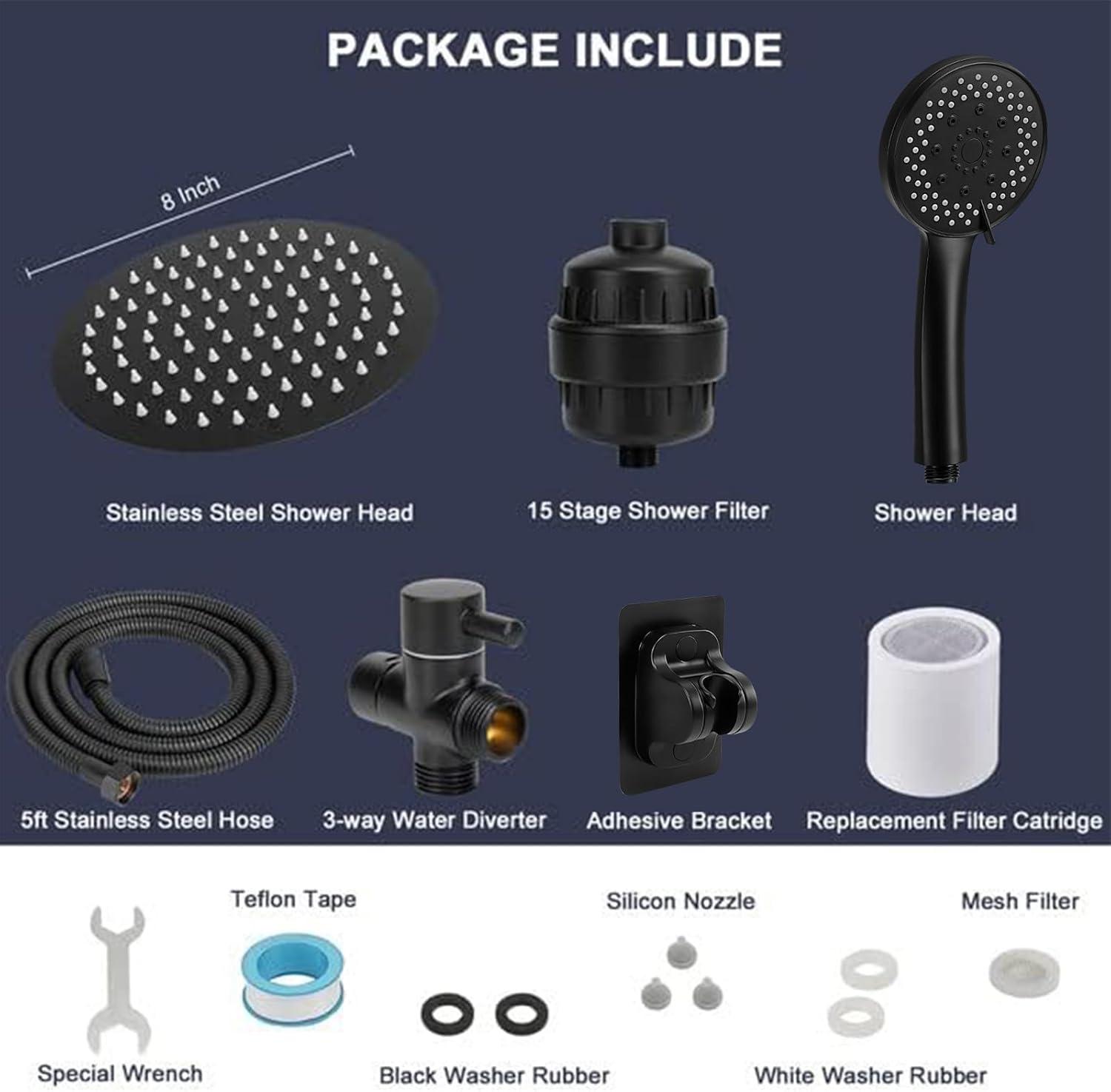 Matte Black 8" Rain Shower Head with Handheld Filter Combo