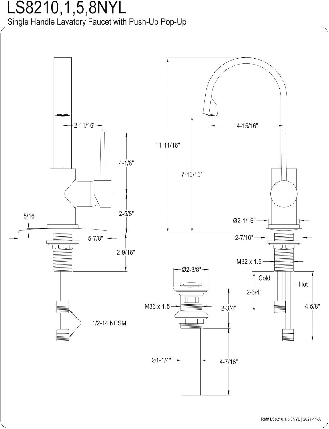 Fauceture LS8218NYL New York Single-Handle Bathroom Faucet Drain, Brushed Nickel