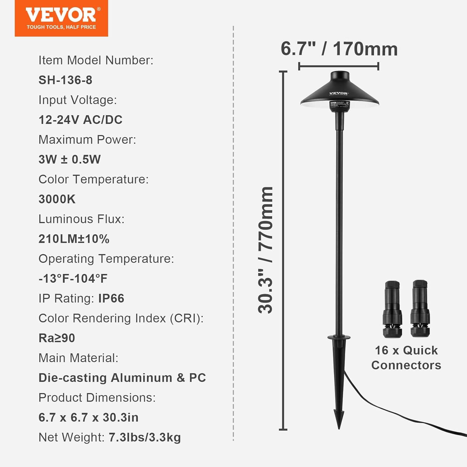 VEVOR 8-Pack Black Aluminum LED Pathway Lights with Quick Connectors