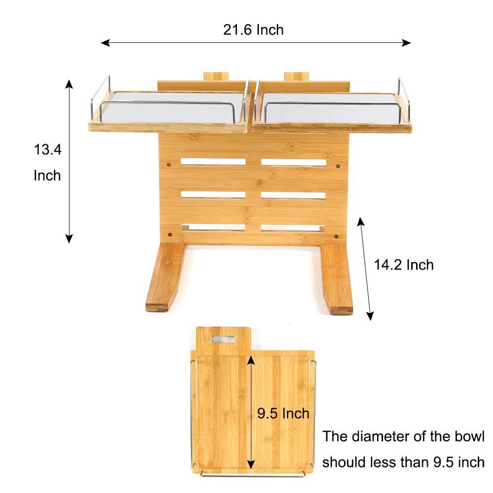 YY FOREYY Juego de 2 Tazones Elevados para Perros y Gatos, Tazones de Agua y Comida para Perros con Inclinación de Bambú, Comedero con 3 Tazones de Acero Inoxidable y Patas Antideslizantes para una Alimentación Cómoda