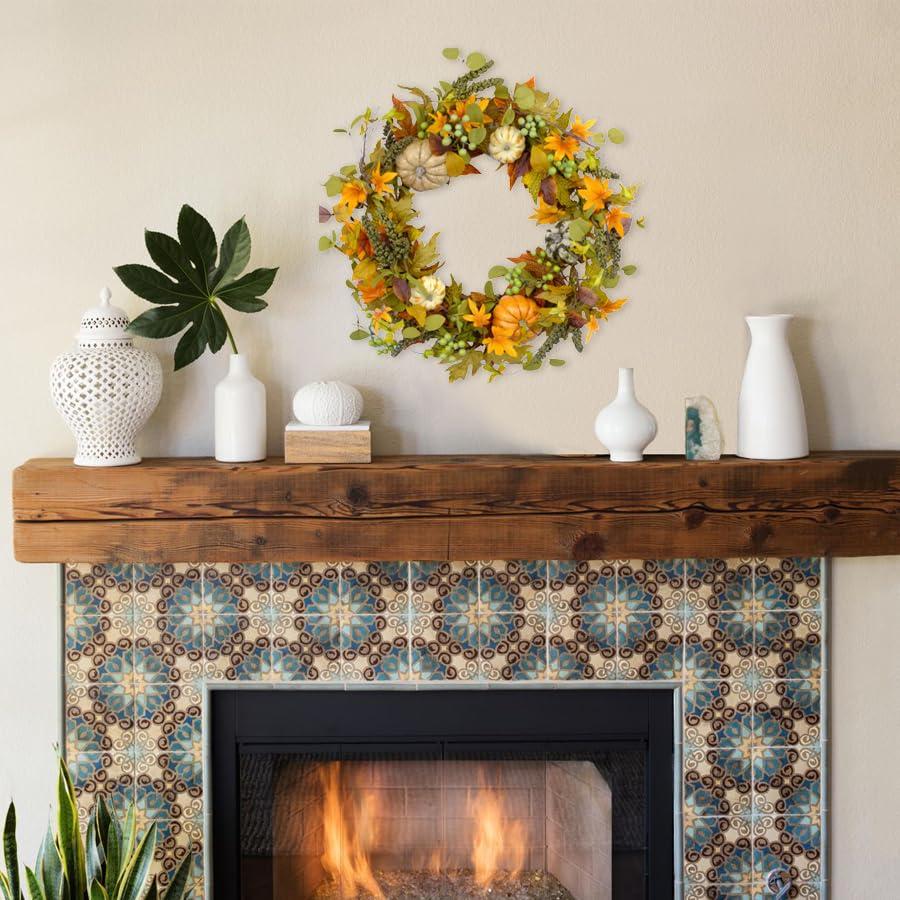 Fall Wreath 20’’ Autumn Front Door Wreath Harvest Wreath with Sunflower Pumpkins Berries Maple Leaves Daisies for Outside Indoor Home Wall Festival Thanksgiving Autumn Farmhouse Decor