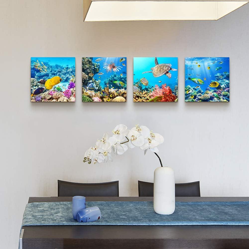 Bathroom Wall Decor Canvas wall art for living room Coral and Fish Modern Home Decor 4 Panels Stretched and Framed Ready to Hang blue Ocean Theme Sea Fish and sea Turtles undersea world Canvas Prints