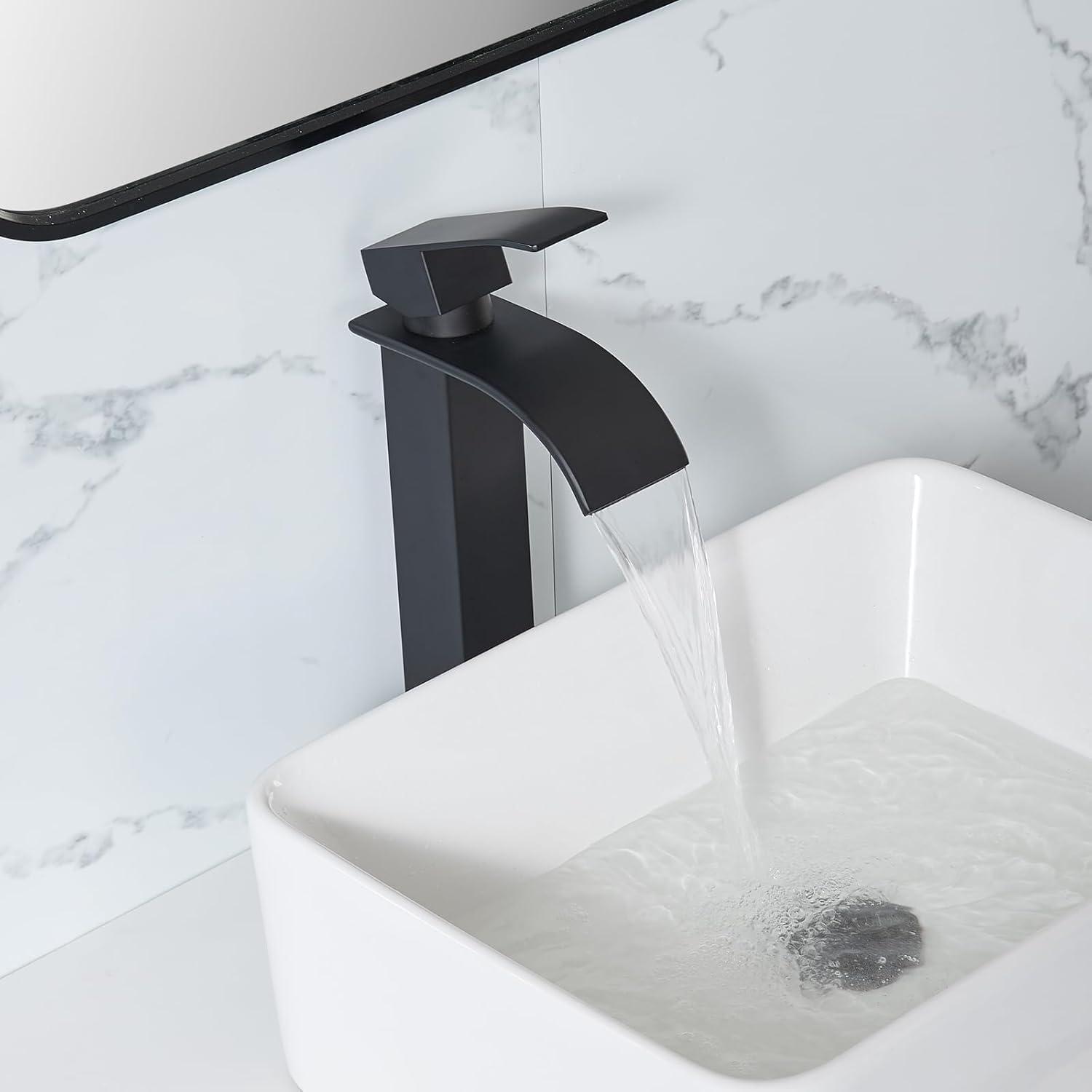 Waterfall Bathroom Faucet Single Handle，Bathroom Sink Faucet 1 Hole，Waterfall Faucet for Bathroom Sink，Vessel Sink Faucet Matte Black Tall Bathroom Faucet