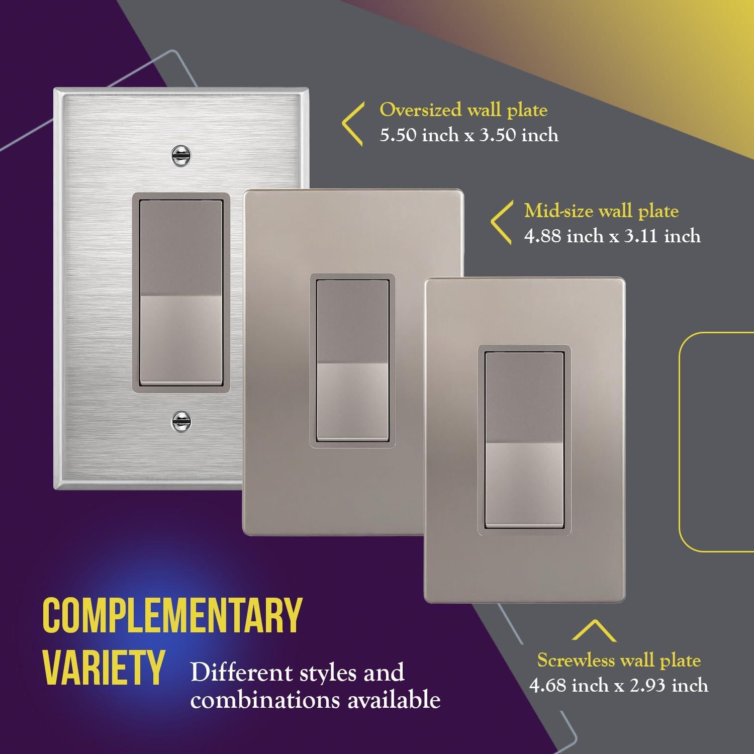 ENERLITES Decorator Rocker Light Switch, Elite Series, 15A 120V/277V, Single Pole, 3 Wire, Grounding Screw, UL Listed, 91150-NK, Nickel Color (10 Pack)