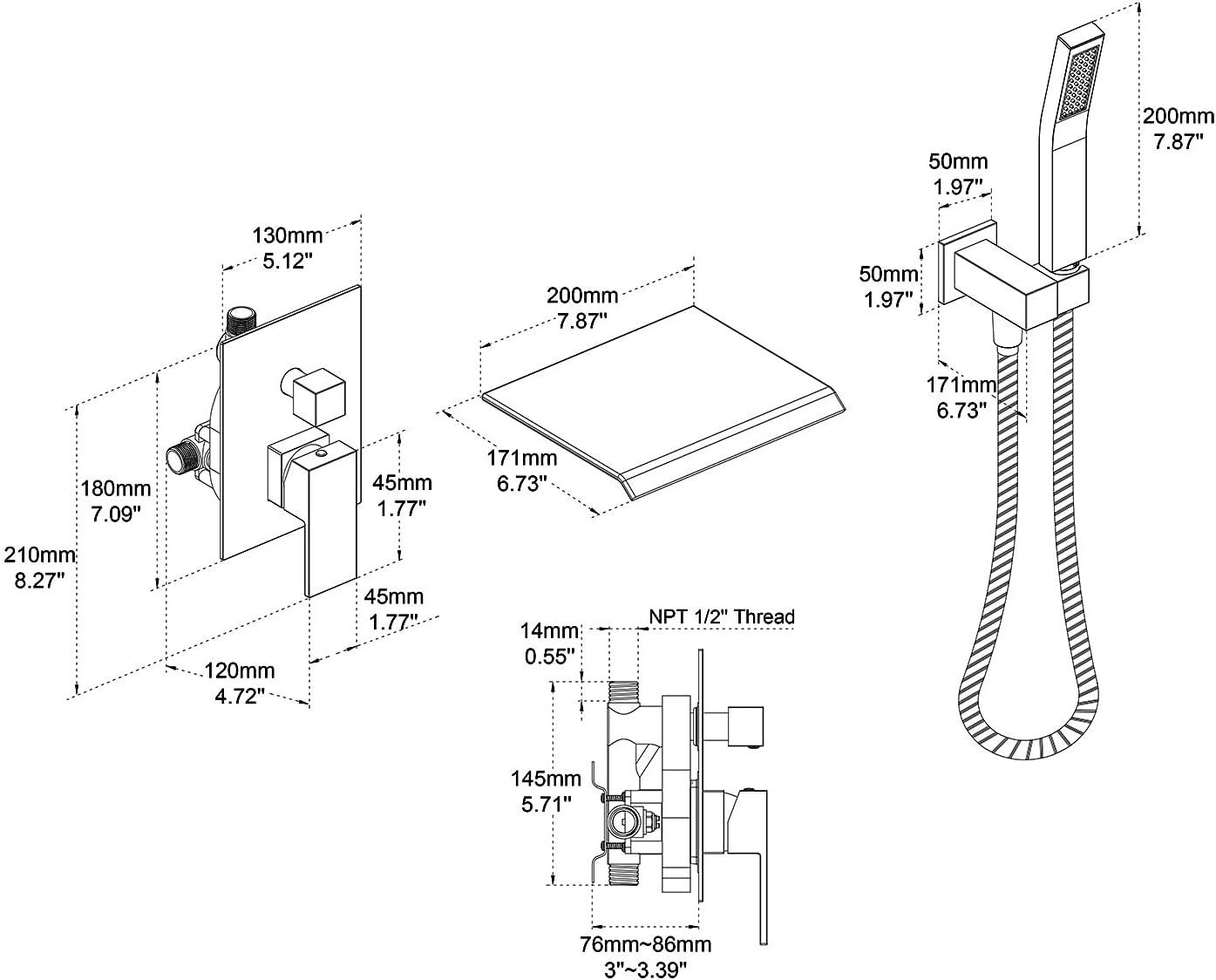 Matte Black Stainless Steel Wall Mount Waterfall Tub Faucet with Hand Shower