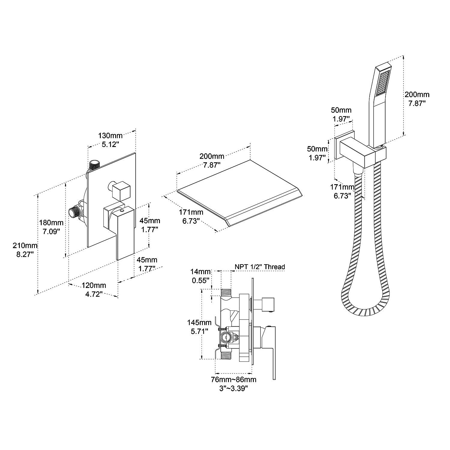 Airuida Wall Mount Tub Faucet with Waterfall Tub Spout Wall Mounted Bathtub Faucet with Handheld Shower Single Handle Tub Filler Shower Faucet Set with Rough-in valve Straight Spout Matte Black