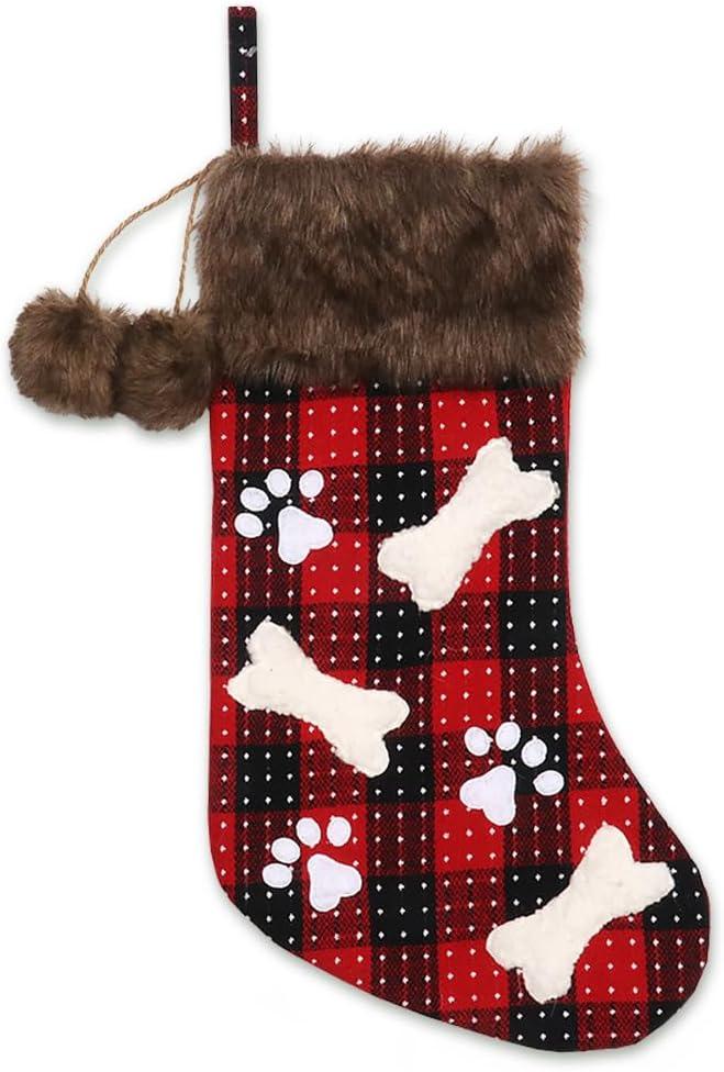 Christmas Stockings Set, 18'' Black Red Buffalo Plaid Christmas Stockings Hanging Ornaments Soft Faux Fur Pet Paw Christmas Stockings Plush Fireplace Hanging Stockings for Christmas Holiday Xmas Gift