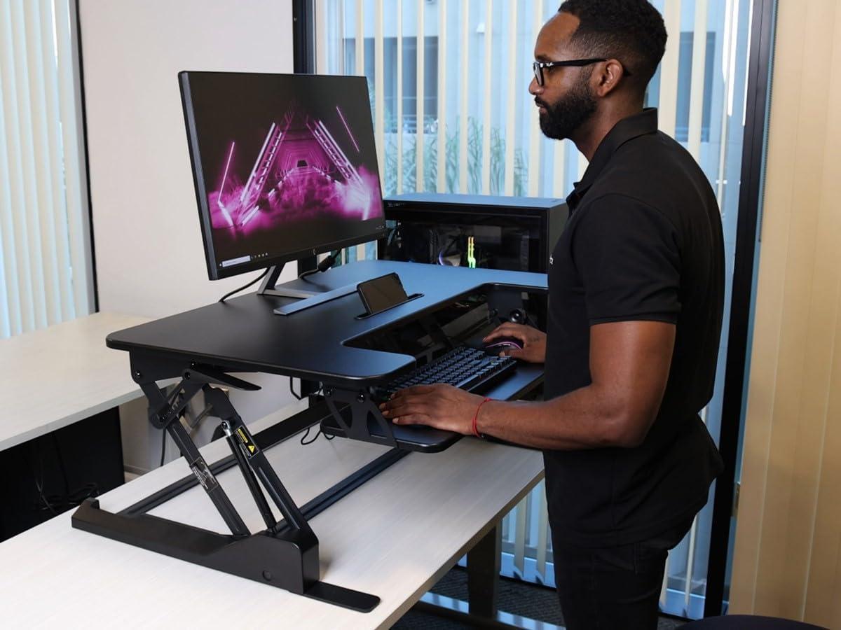 Monoprice Height Adjustable Gas-Spring Dual Handle Sit-Stand 36-Inch Workstation Desk Converter with Keyboard Tray