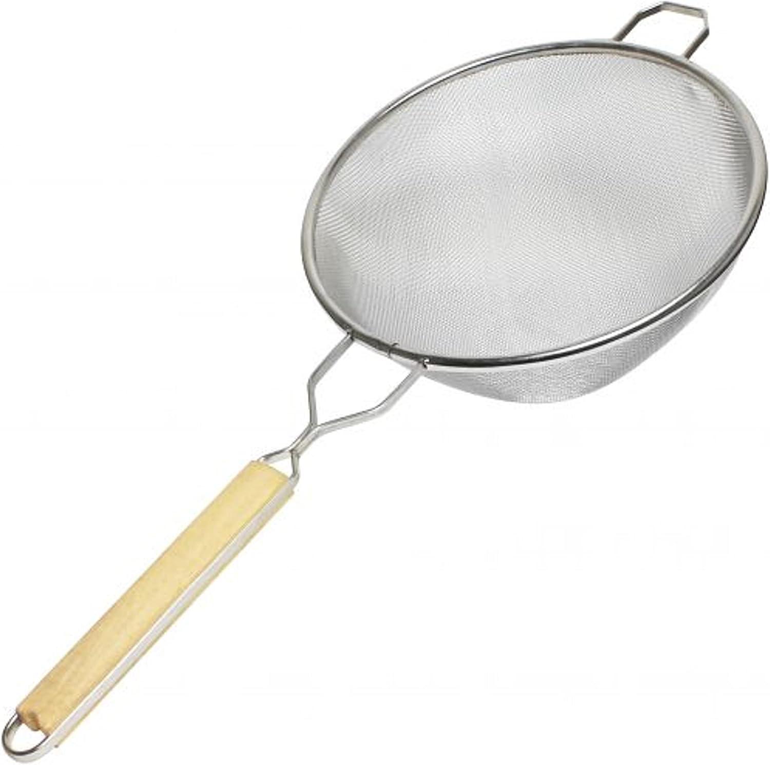 10-Inch Silver Stainless Steel Medium Mesh Strainer with Wooden Handle