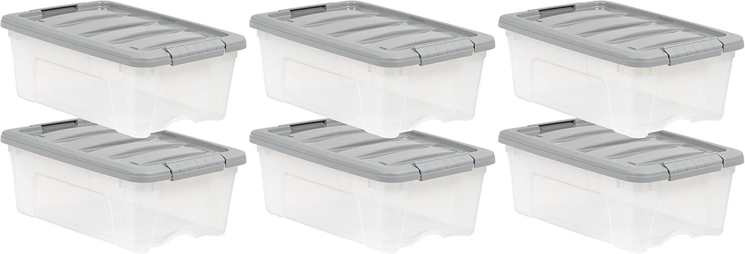 Clear and Gray Stackable Plastic Under Bed Storage Bins with Lids, 12 Quart, Set of 6