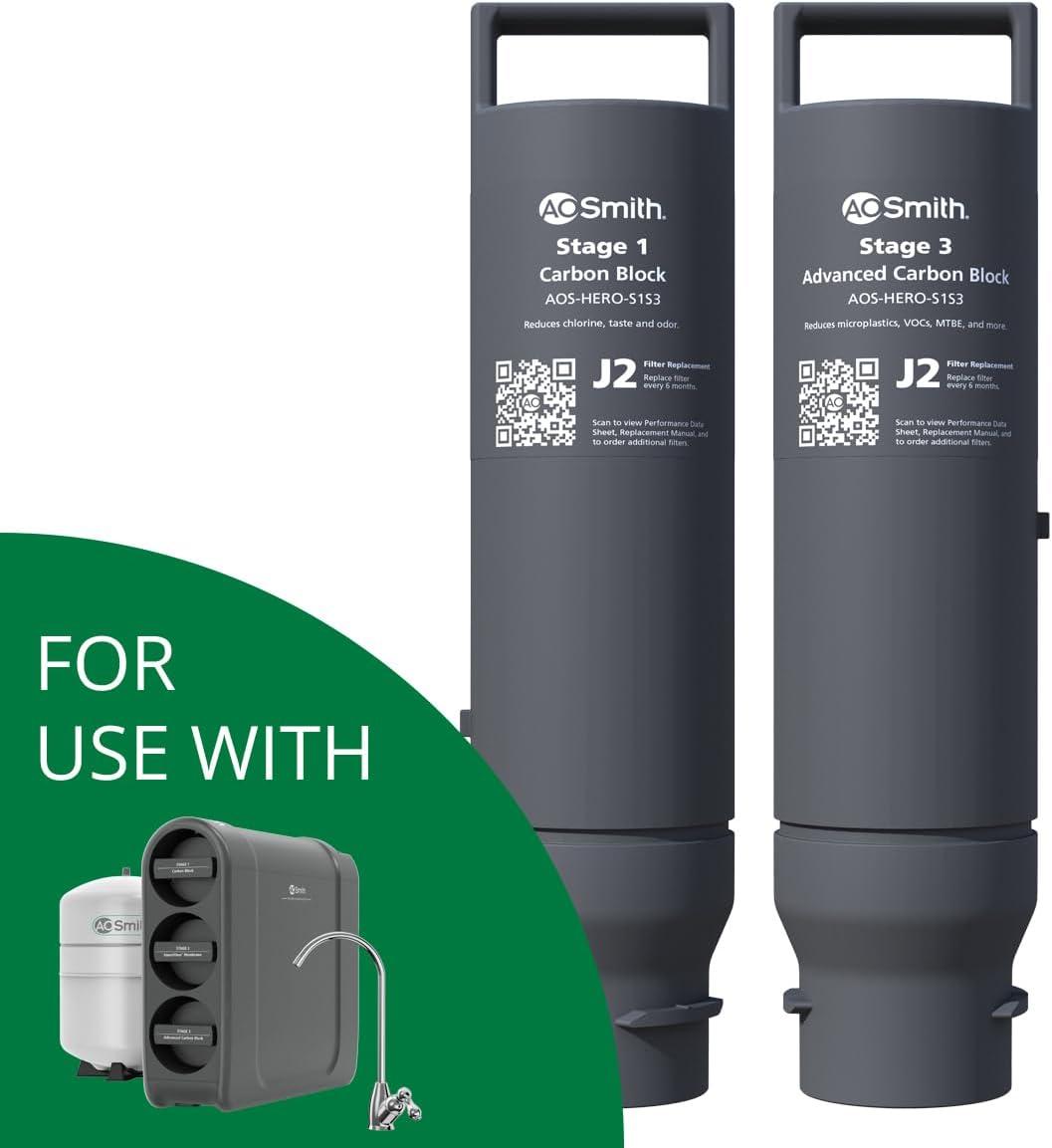 AO Smith Reverse Osmosis Water Filter Replacement Cartridges - Carbon Replacement Filters for AOS-HERO RO Filtration Systems - Reduce Chlorine & Other Contaminants from Drinking Water - AOS-HERO-S1S3