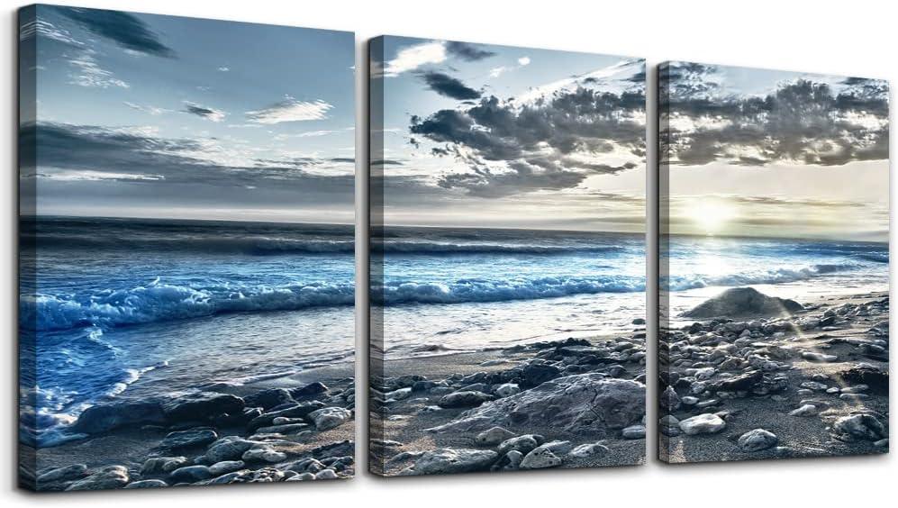 SERIMINO Beach Canvas Wall Art for Living Room, Blue Coastal Wall Decor for Bedroom, Seaside Pictures for Bathroom Wall Decoration, Ocean Painting Set for Office, Home Decor for Wall