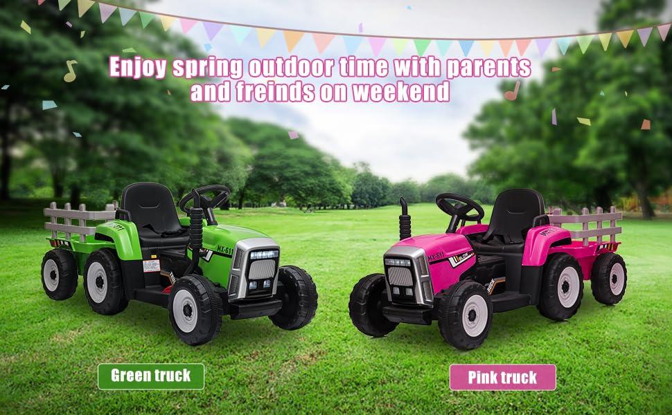 12V Kids Battery Powered Electric Tractor with Remote Control and Trailer Toddler Ride Car With 7LED Headlight and 2+1 Gear Shift Music USB Port Suitable for Children 3+