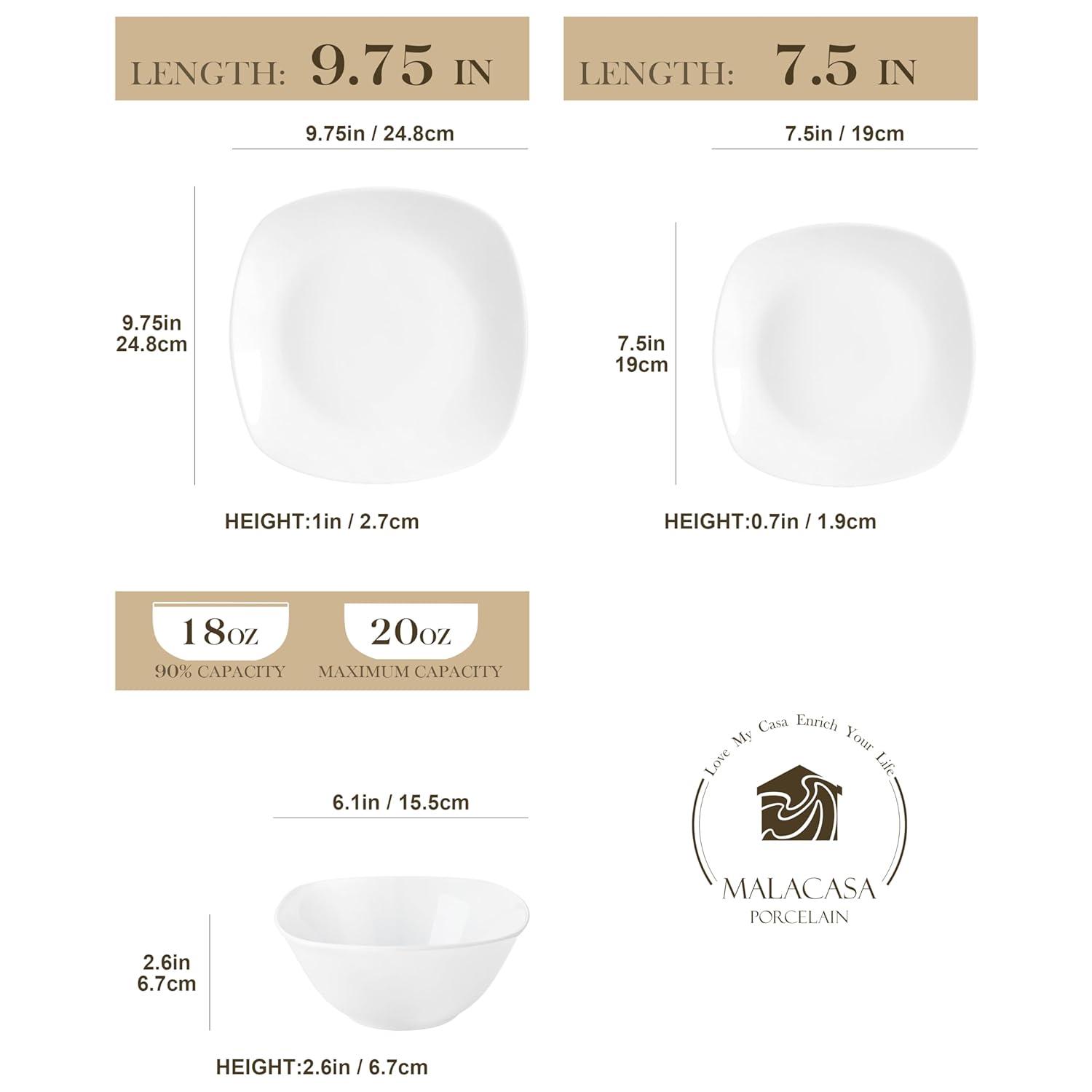 MALACASA Plates and Bowls Set, 12 Pieces Porcelain Dinnerware Sets, Gray White Dishes Set for 4, Chip and Scratch Resistant Square Dishware Sets, Series ELISA