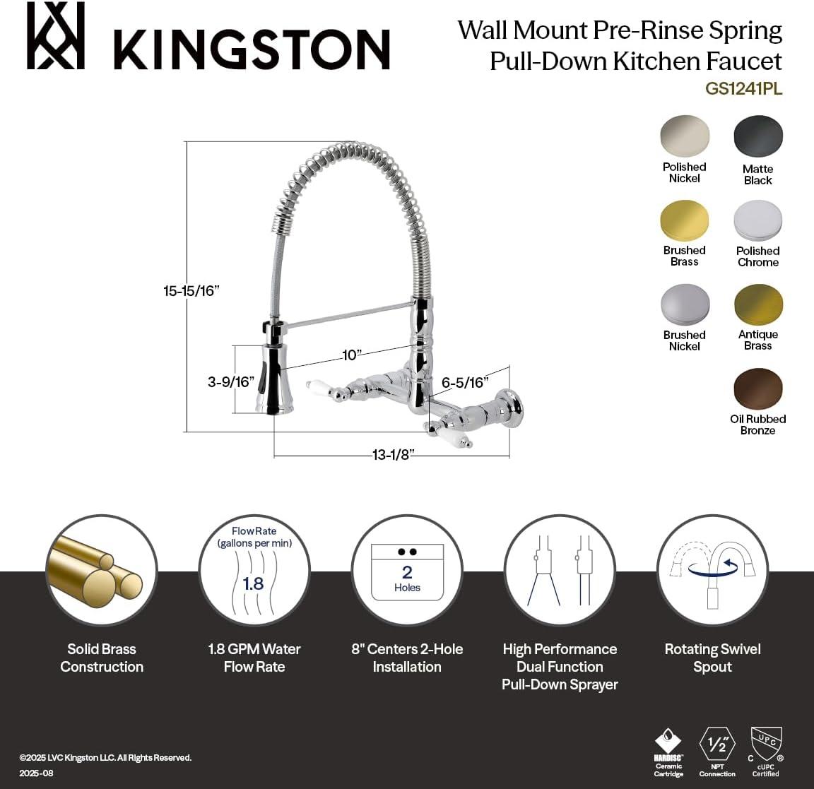 Kingston Brass Kingston Brass Heritage Double-Handle 2-Hole Wall-Mount Pre-Rinse Bridge Kitchen Faucet GS1241PL