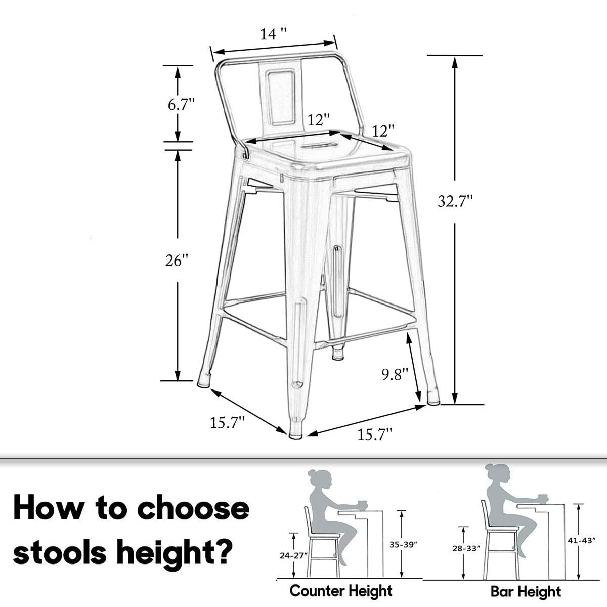 Andeworld 26" Low Back Metal Counter Stool Height Bar Stools [Set of 4] Barstools, Black