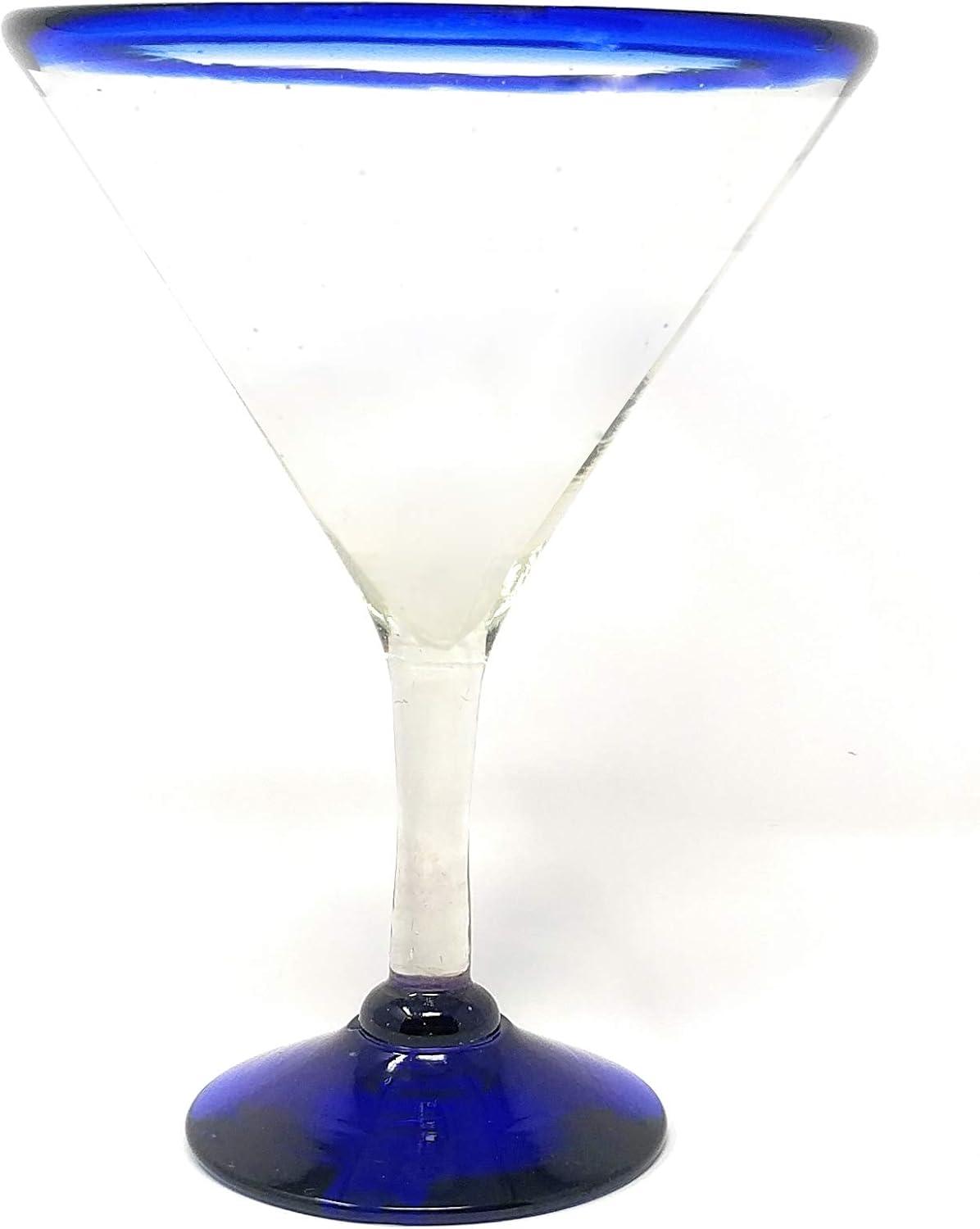 Mexican Hand Blown Glass – Set of 4 Hand Blown Modern Margarita Glasses - Blue Rim (12 oz)