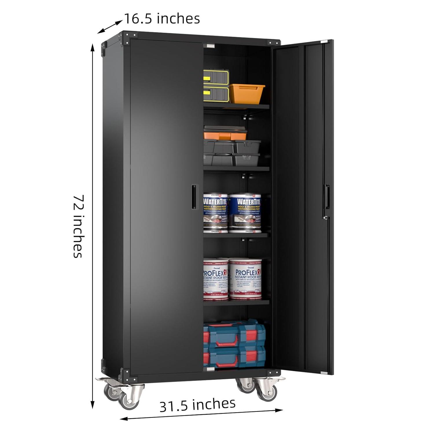 AOBABO 72 Inch Locking Metal Garage Storage Cabinet with Universal Rubber Wheels with Lockable Casters, Pegboards, and Magnetic Doors, Black