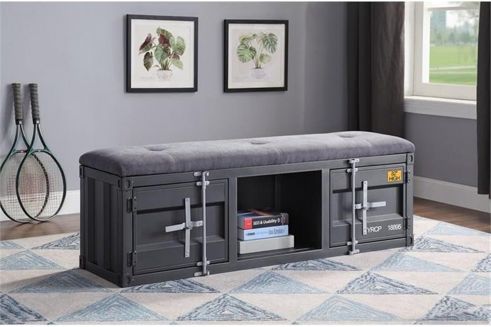 ACME Cargo Storage Bedroom Bench in Gray Fabric & Gunmetal