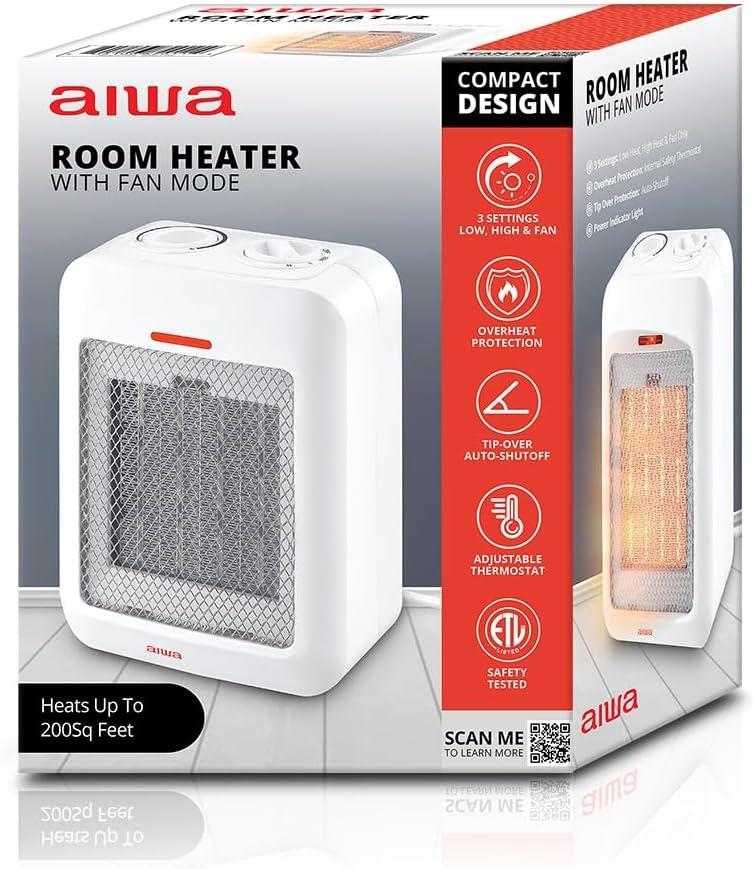 Aiwa 1500W Small Ceramic Room Heater, Overheat Protection, Tip over Auto Shutoff - Black