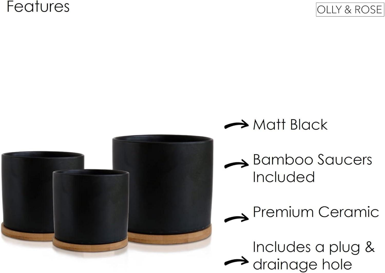 Olly & Rose Black Set 3 Ceramic Plant Pots with Bamboo Coasters Indoor Planters with Saucers