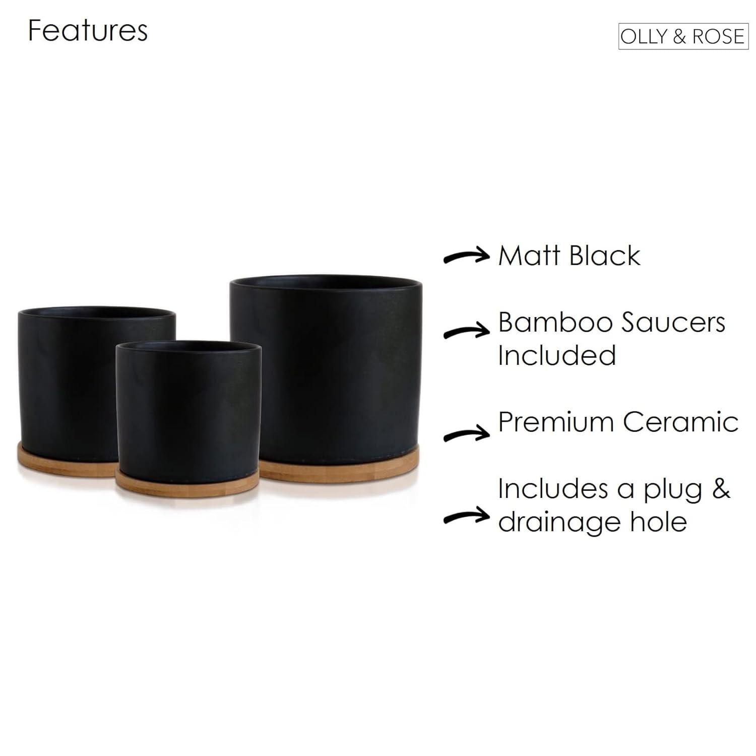 Olly & Rose Black Set 3 Ceramic Plant Pots with Bamboo Coasters Indoor Planters with Saucers