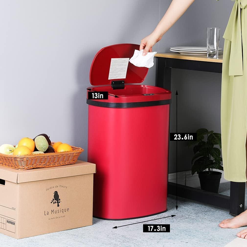 13 Gallon 50L Touch Automatic Stainless Steel Trash Can Garbage Can Metal Trash Bin with Lid for Kitchen Living Room Office Bathroom, Electronic Sensor Automatic Trash Can - Red