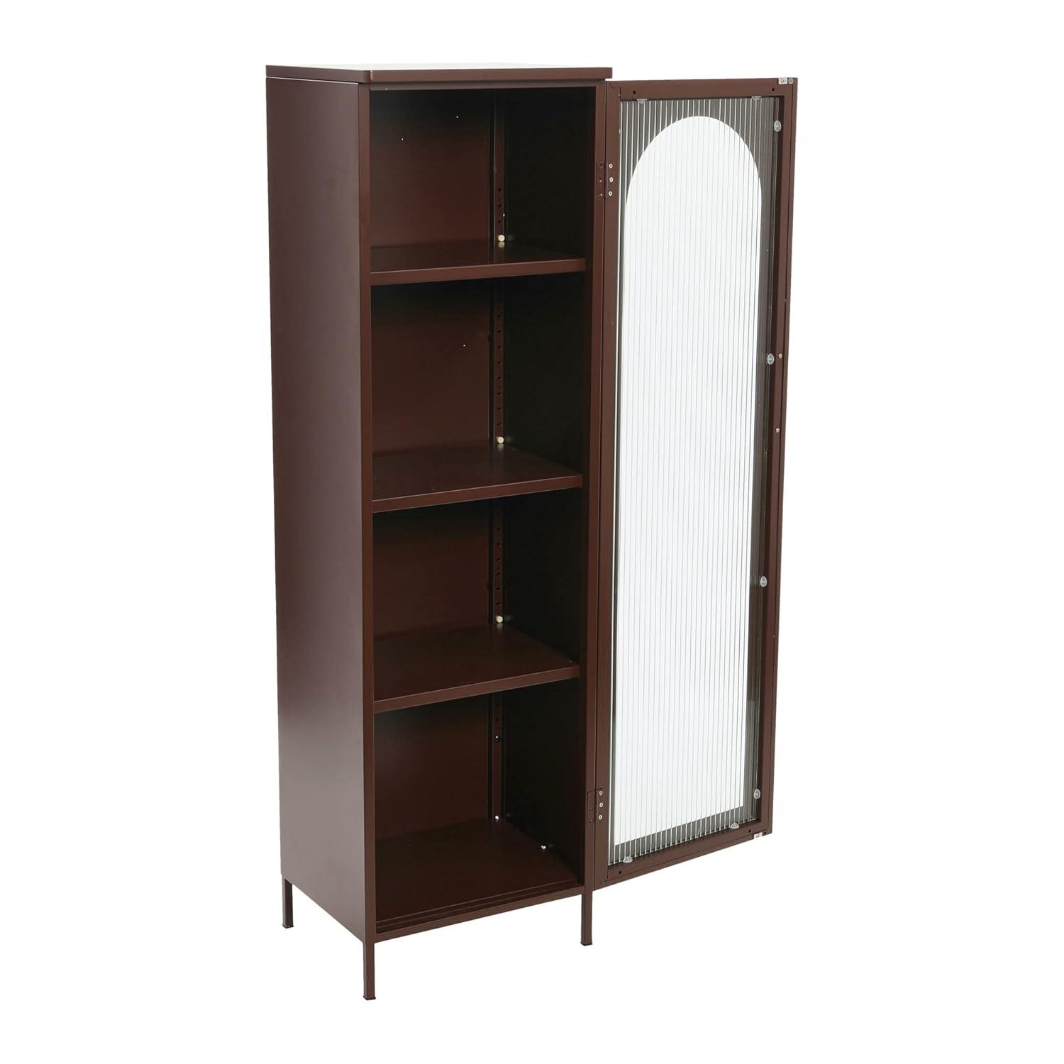 Storied Home Tall Metal Accent Cabinet: 3 Shelves, Arched Glass, Vintage Brown, 57" Height