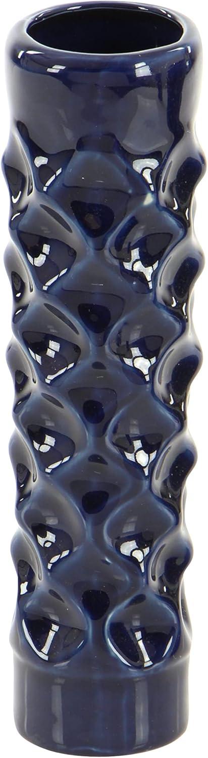 DecMode 3"W, 12"H Dark Blue Ceramic Vase with Varying Patterns, Set of 3