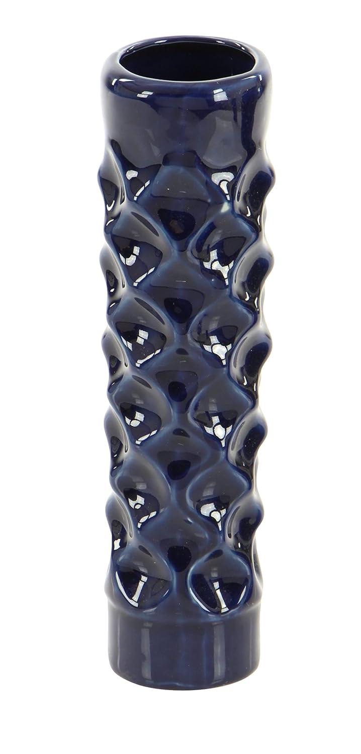 DecMode 3"W, 12"H Dark Blue Ceramic Vase with Varying Patterns, Set of 3
