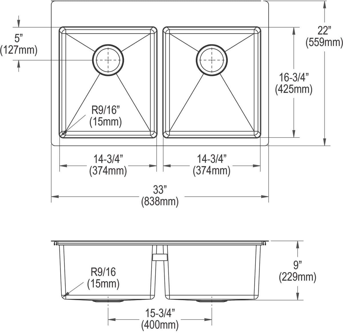 Elkay ECTSR33229BG5 Crosstown Stainless Steel 33" L x 22" W Double Basin Dual Mount Kitchen Sink