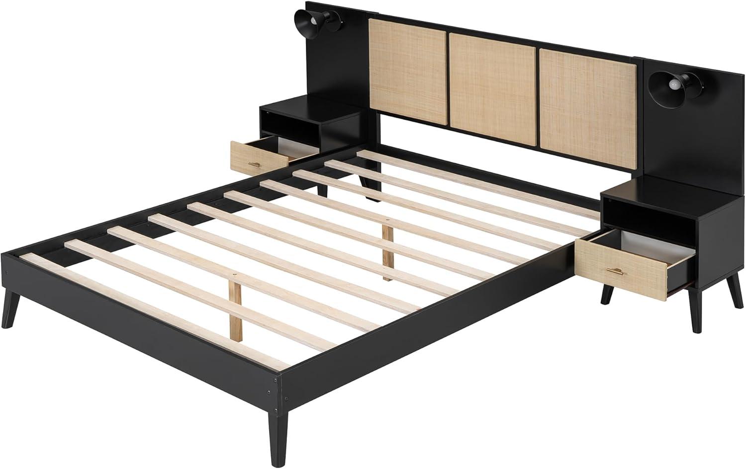Queen Size Black and Rattan Solid Wood Bed Frame with Nightstands
