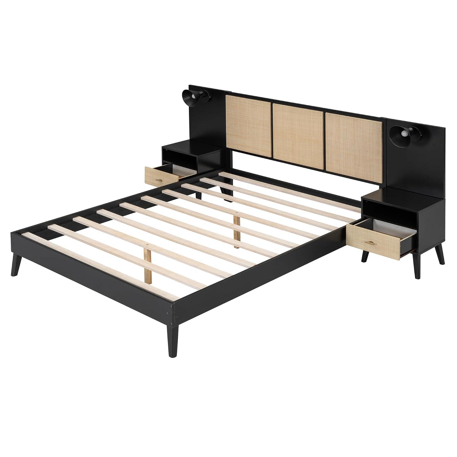 Queen Size Black and Rattan Solid Wood Bed Frame with Nightstands