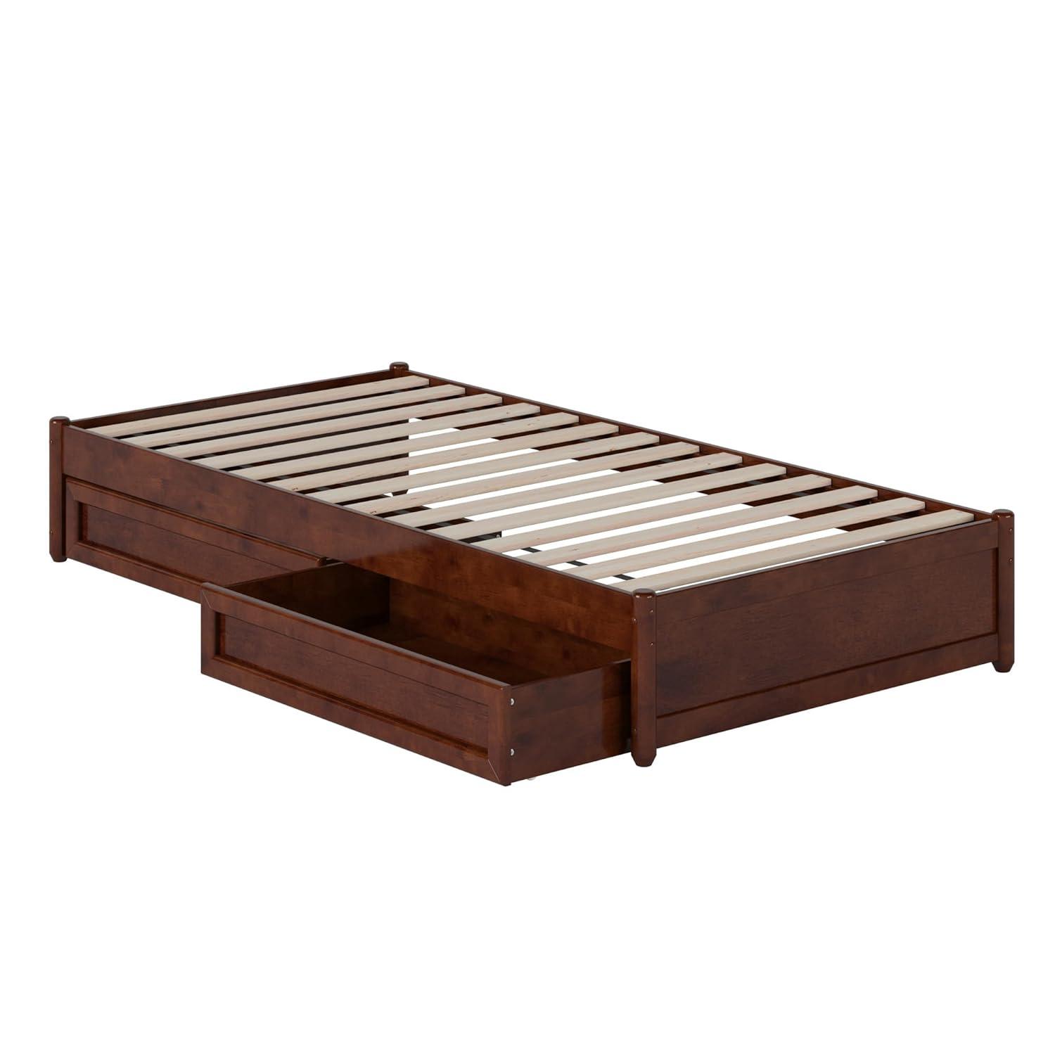 Barcelona Full Solid Wood Panel Platform Bed with Storage Drawers in Walnut