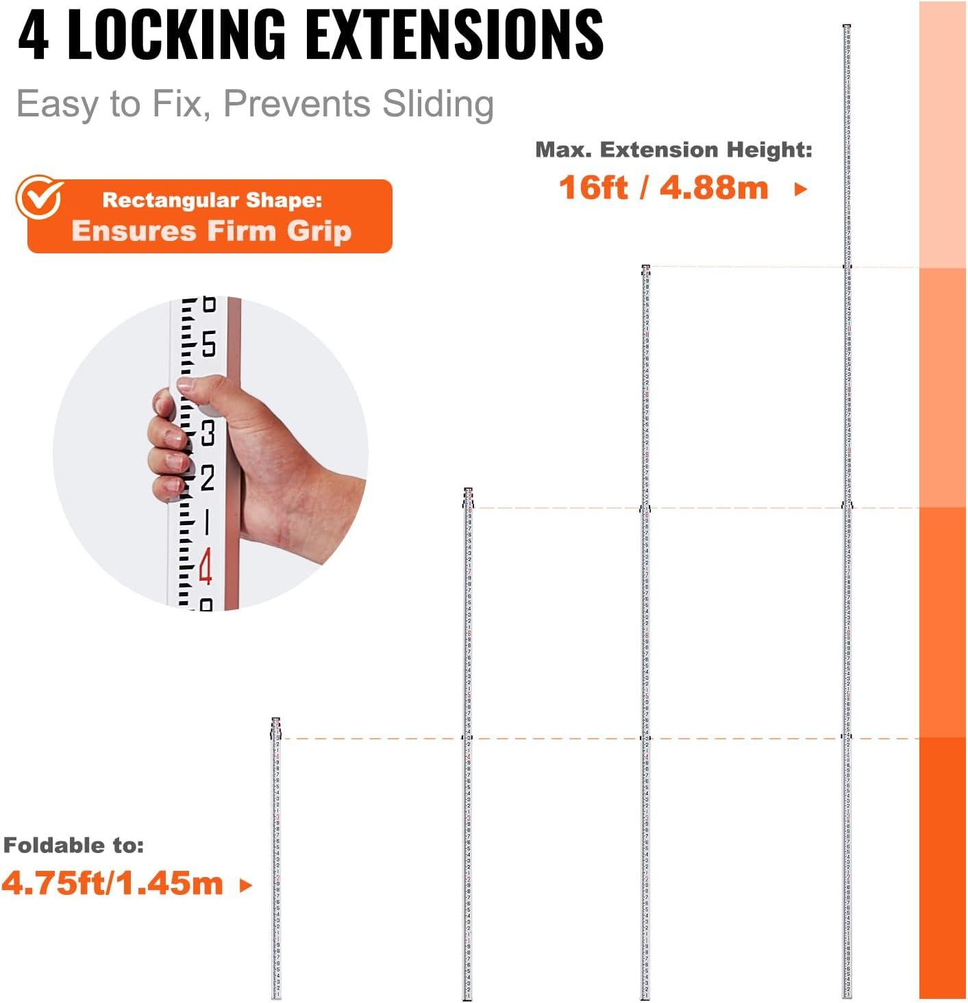 16 ft. Aluminum Telescopic Folding Measuring Rod with Double-Sided Scale