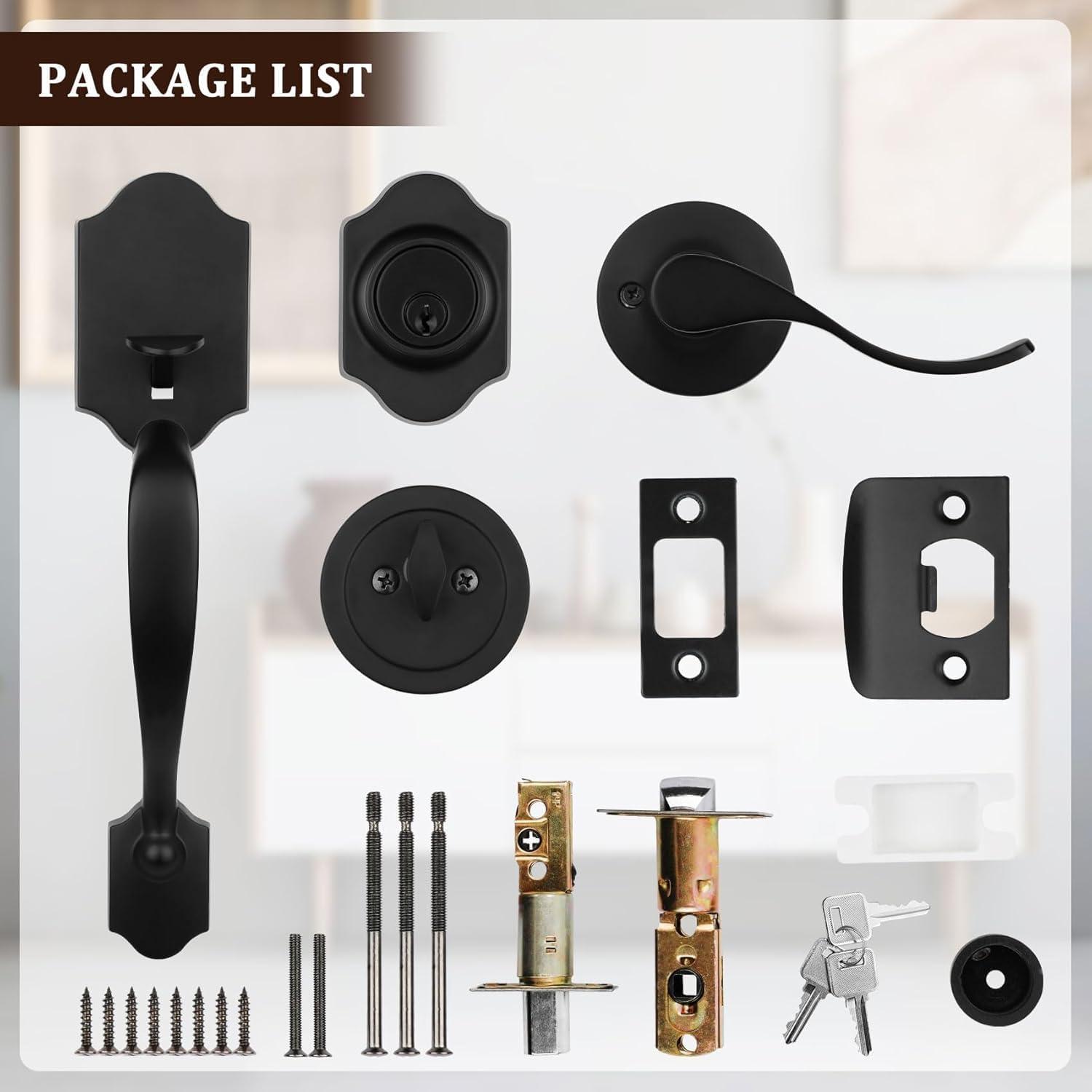 Matte Black Front Door Handle and Deadbolt Set, Front Door Lock Set, Entry Door Locksets with Deadbolt Single Cylinder, Exterior Door Handle with Reversible Handle Lever