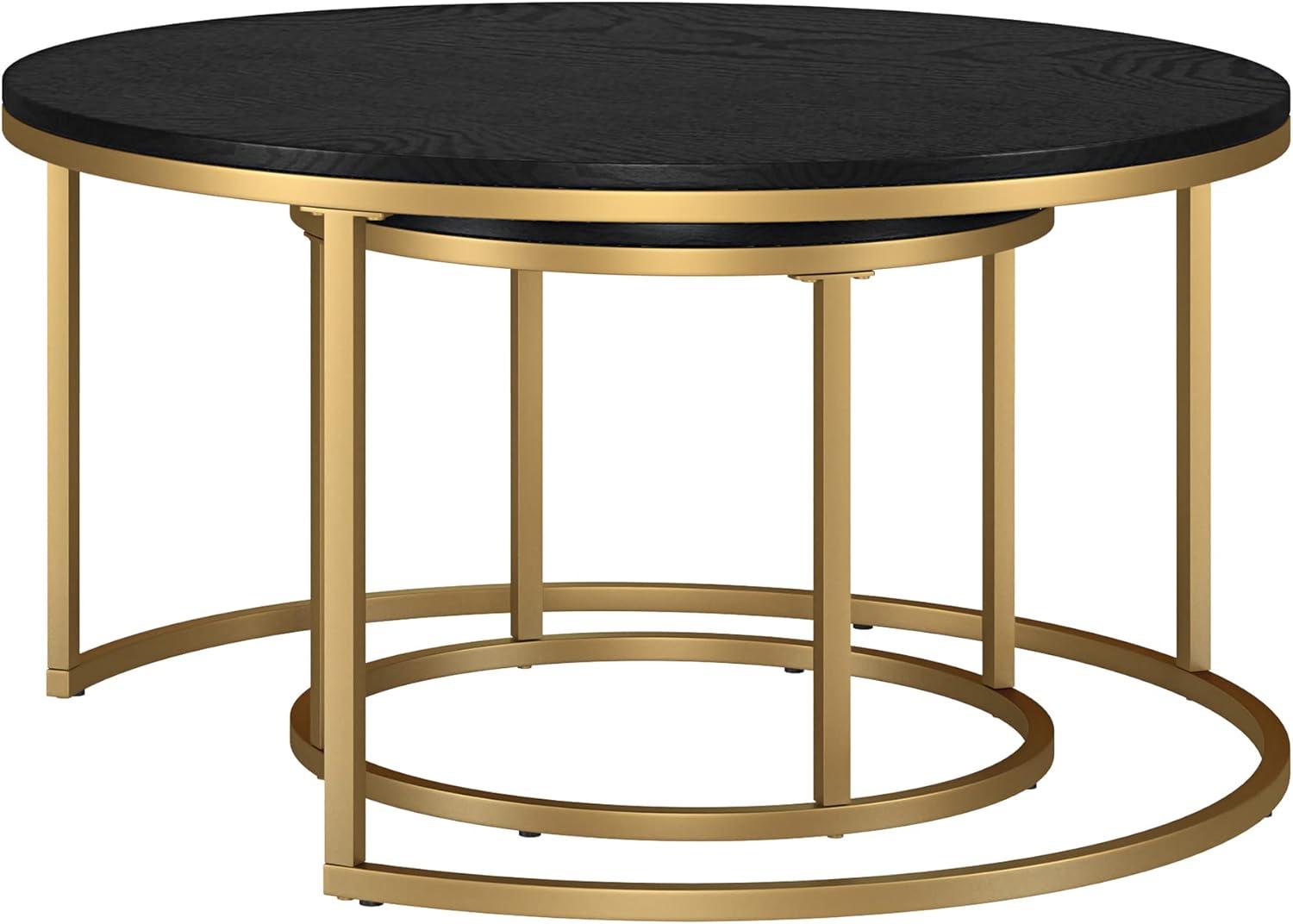 Evelyn&Zoe Watson Round Nested Coffee Table with MDF Top, Gold/Black Grain