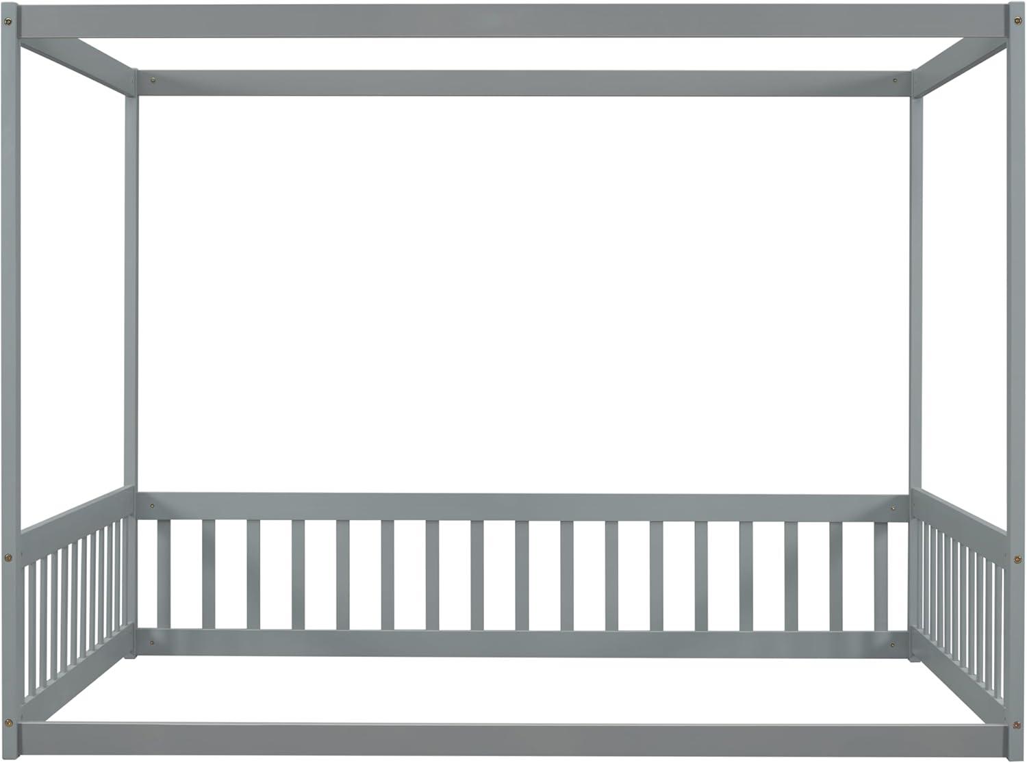 Canopy Frame Twin Size Floor Bed for Kids Bedroom,Wood Bed Frame with Fence for Boys/Girls/Teens,No Box Spring Needed,Natural