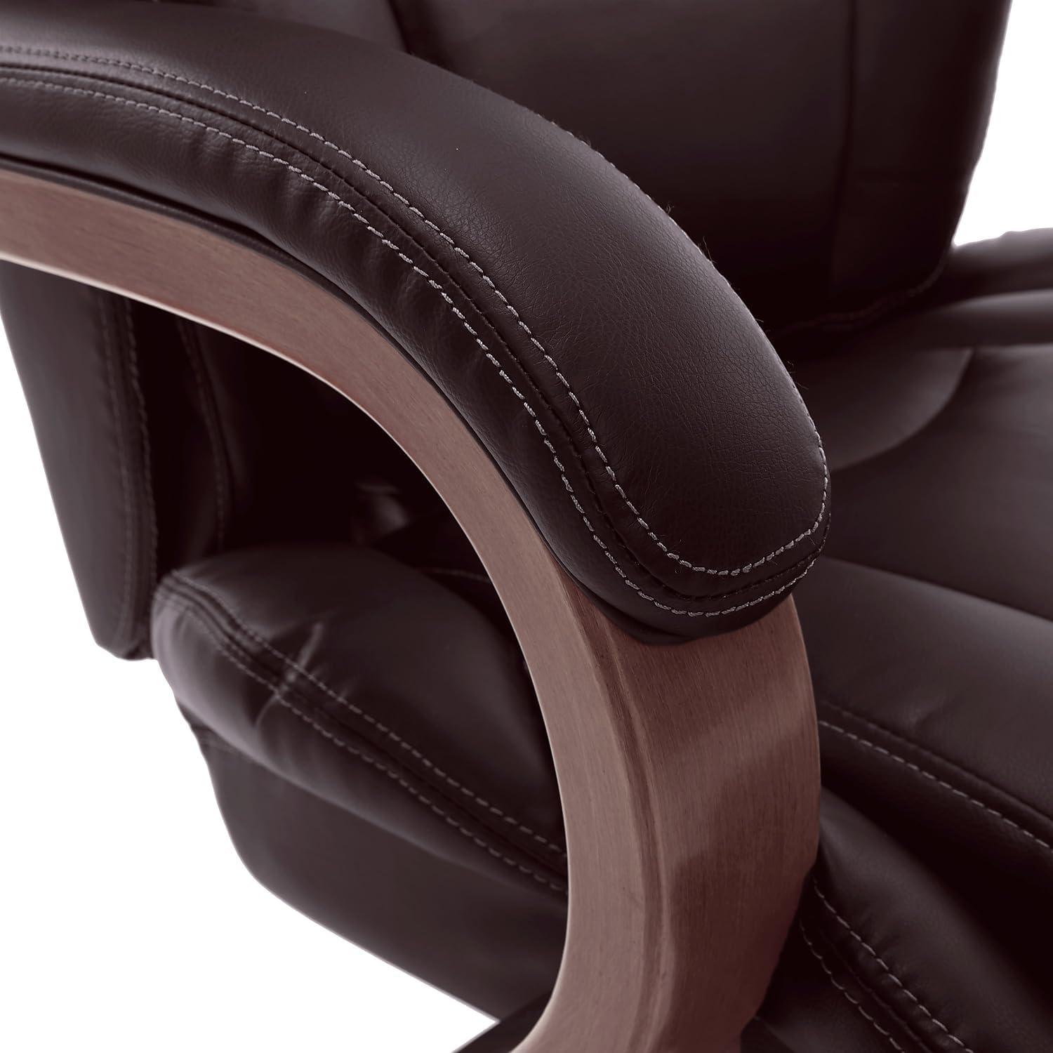 Luxury Coffee Brown Leather Executive Swivel Office Chair with Wood Base