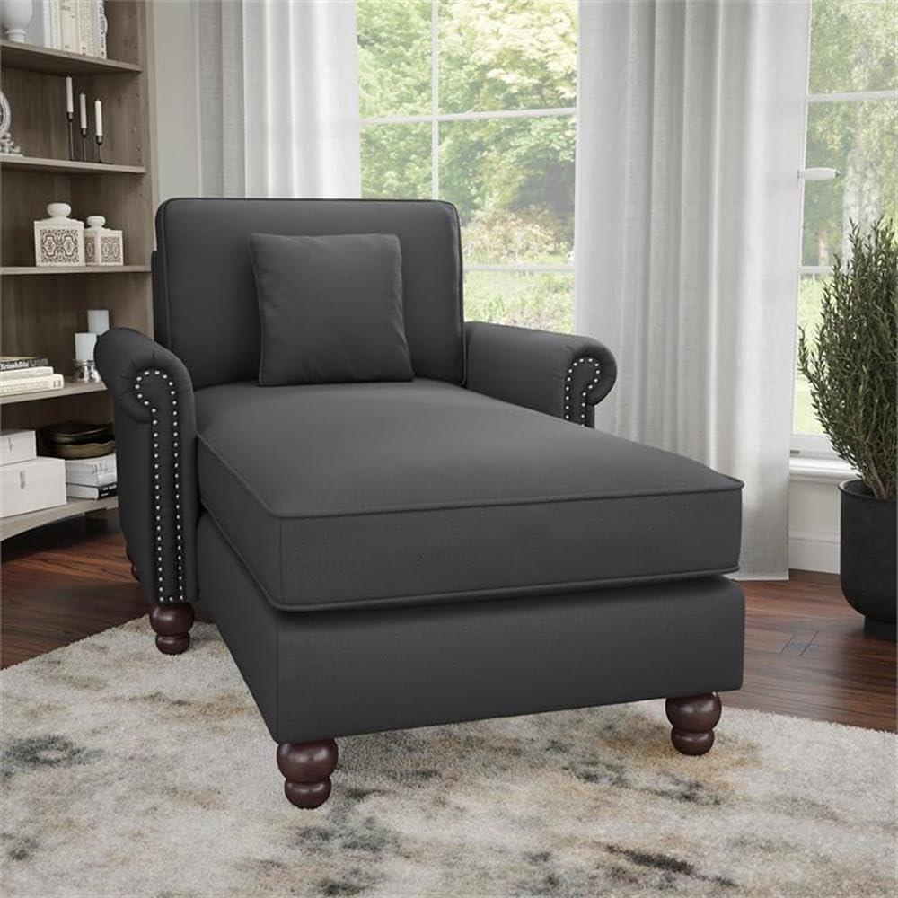 Coventry Chaise Lounge with Arms in Charcoal Gray Herringbone Fabric