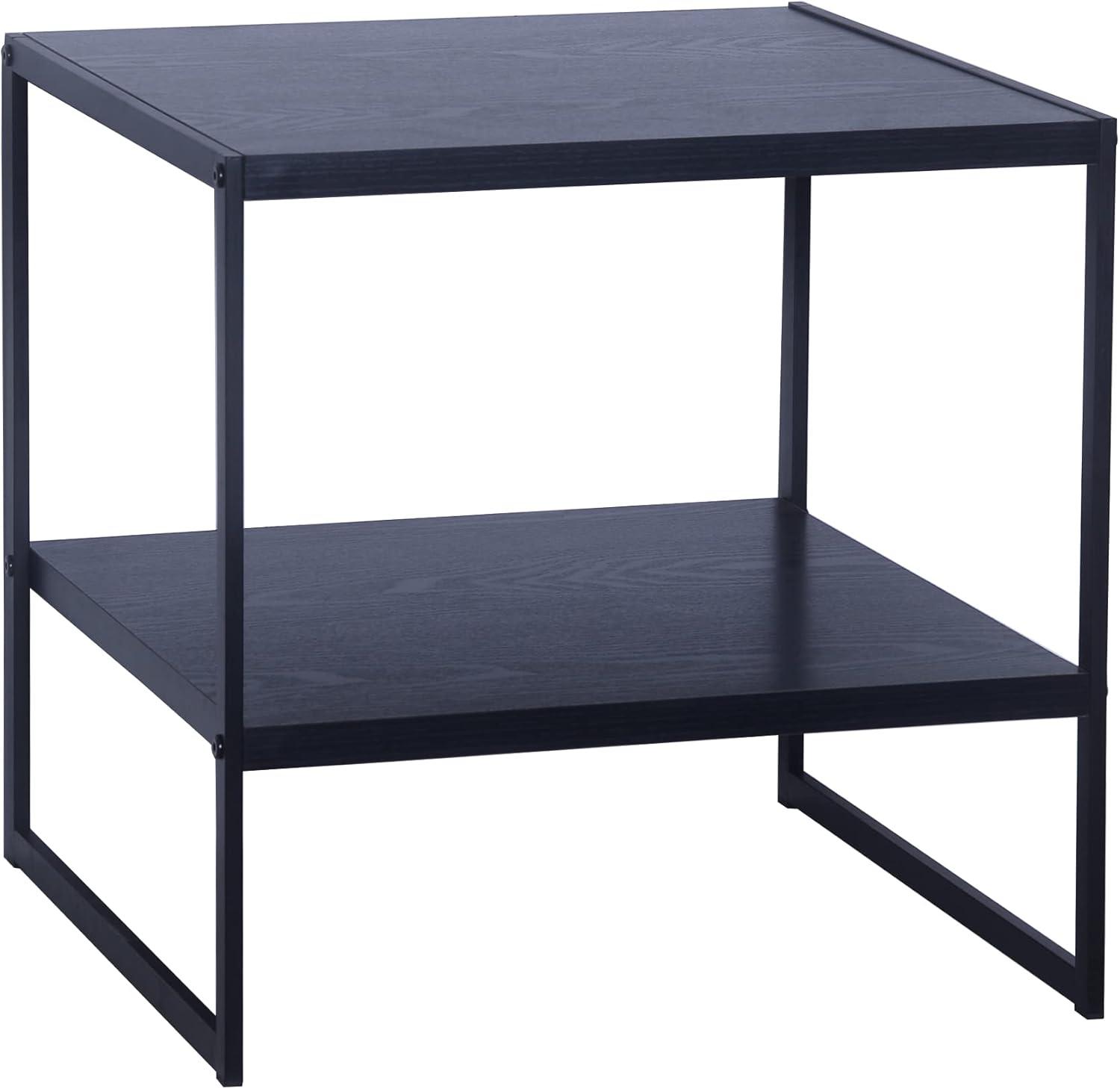 Household Essentials Jamestown Square Side End Table with Storage Shelf Black Oak Wood Grain and Black Metal