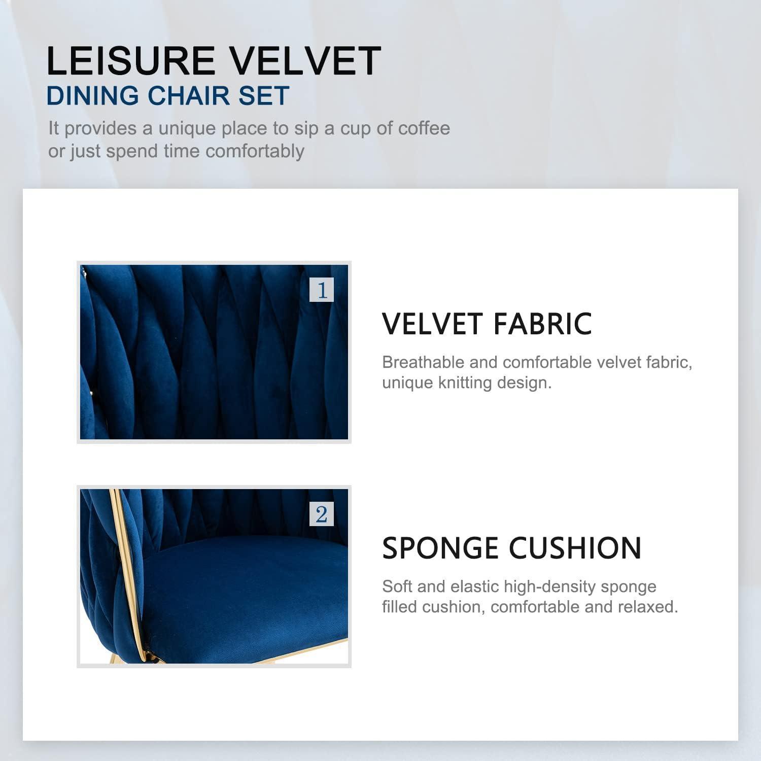 Mercer41 Dining Chairs Set of 2, Woven Upholstered Dining Chairs with Gold Metal Legs(Navy Velvet)