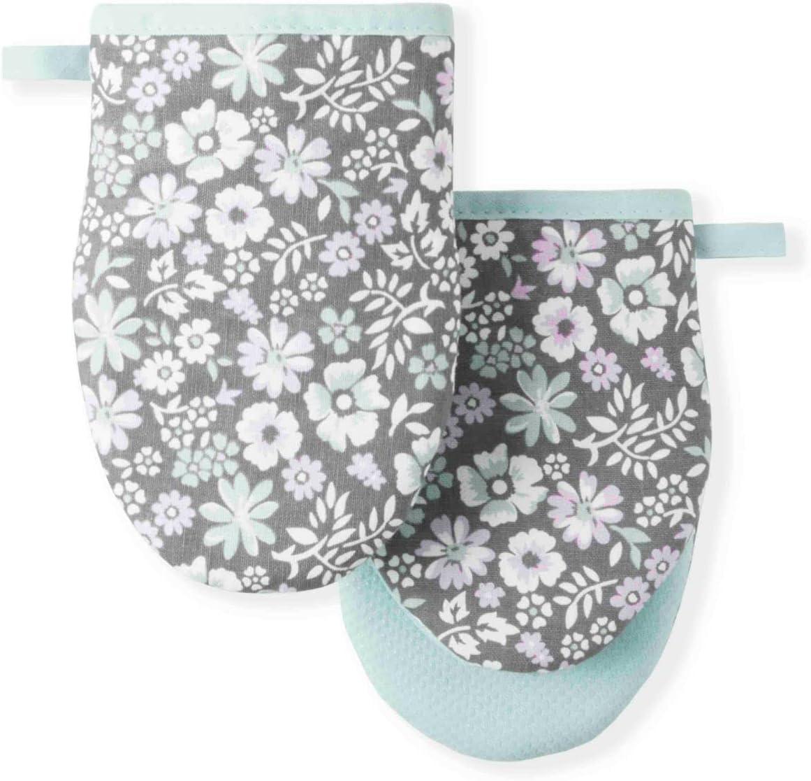 Ditsy Floral Gray and Blue Silicone Mini Oven Mitt Set