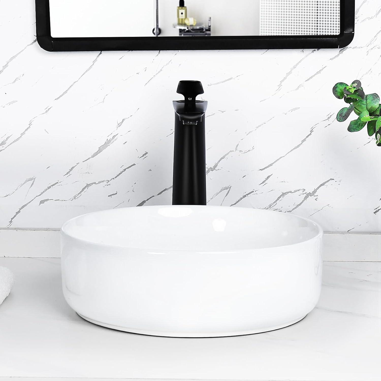 Davivy 14.2'' White Ceramic Circular Vessel Bathroom Sink with Pop Up Drain