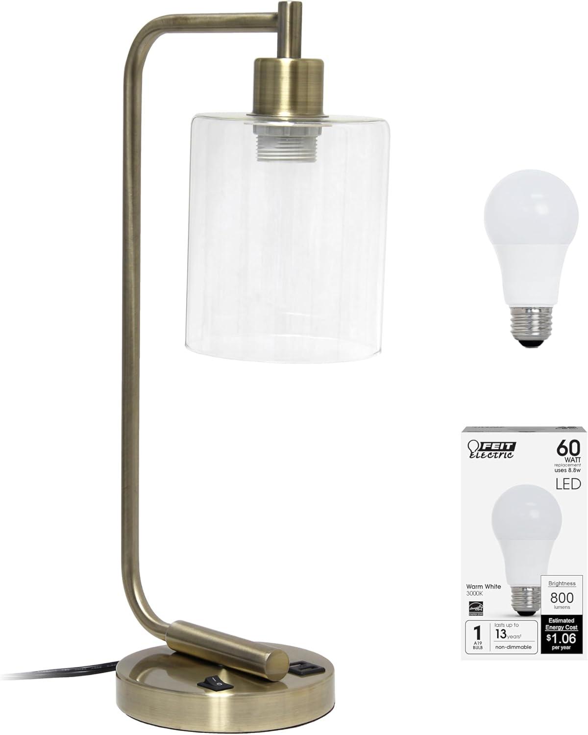 Modern Iron Desk Lamp with USB Port and Glass Shade Antique Brass Finish - Lalia Home: ETL Listed, No Assembly, Edison Bulb Compatible